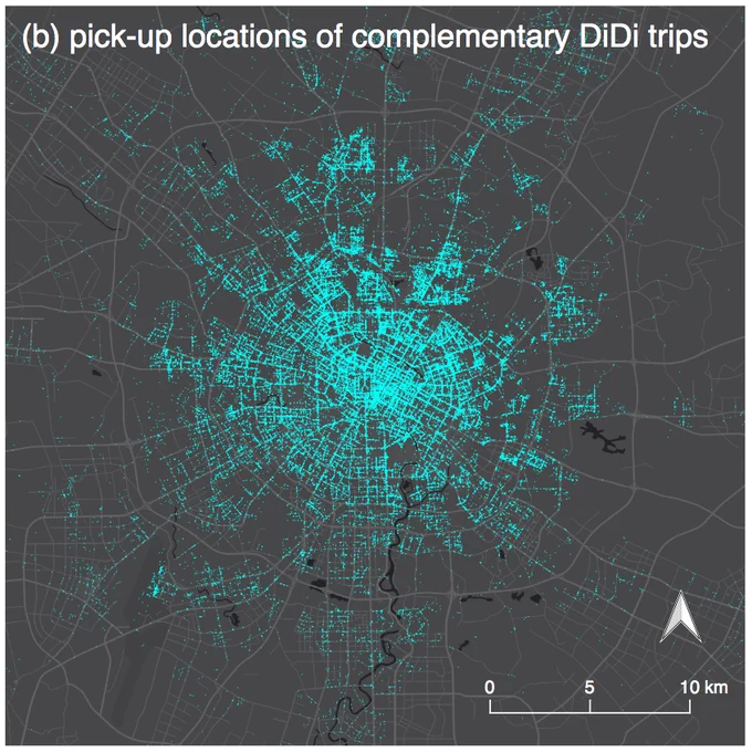 Data visualization of the spatial distribution of DiDi trips that have the potential to complement public transit in Chengdu, China. Image credit: Hui Kong, Xiaohu Zhang, Jinhua Zhao