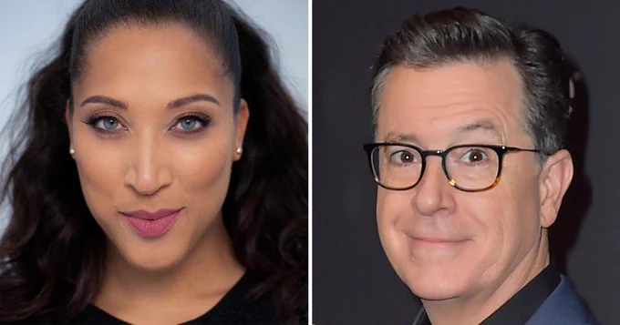 Robin Thede and Stephen Colbert