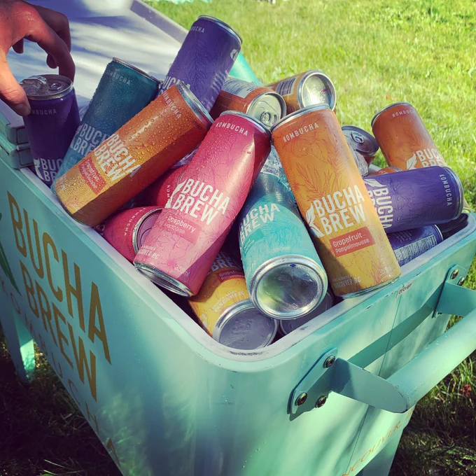 Bucha Brew Kombucha in a cooler at the park, available at 7-Eleven across Canada.