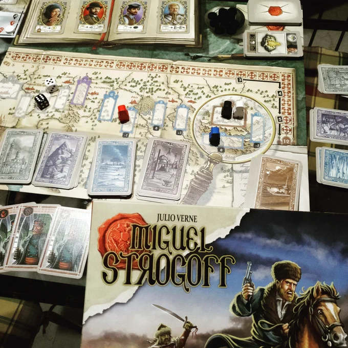 Juego de mesa Miguel Strogoff, tablero, cartas, fichas y dados