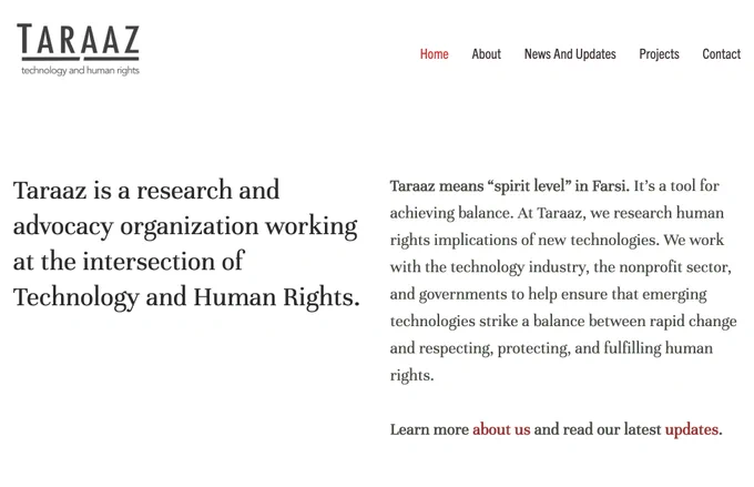 screenshot of Taraaz's home page: taraazresearch.org
