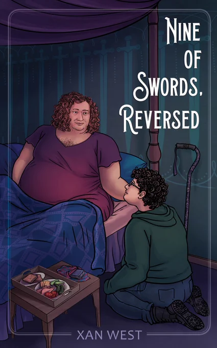 Fat, white, genderfluid Dev sits in a bed. Xe has curly, chin-length hair and facial fuzz. Xe wears a dress that shows some chest hair. Midsize fat, white, genderfluid Noam in a hoodie, jeans, boots, glasses, and short, dark, curly hair kneels next to the bed. They look at each other. Dev touches Noam's cheek. Next to the bed are a cane, a table with a food tray and a tarot deck. The wallpaper has 9 parallel swords.