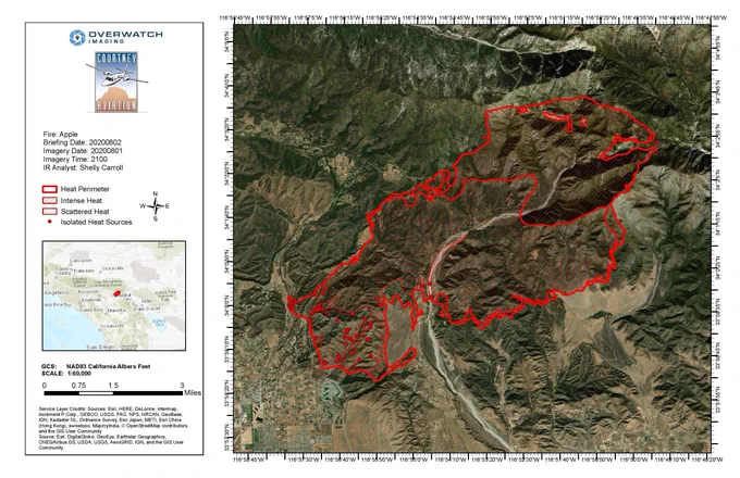 Infrared map of the Apple Fire incident; topographical.