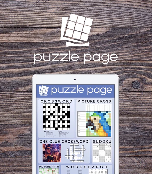 The Puzzle Page app running on a tablet showing a page of word, number and picture based puzzles.