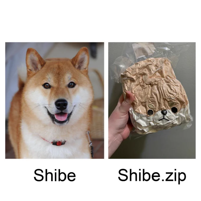 Two images: on the left is a picture of a regular Shiba Inu with the caption “shibe”, and on the right is the image of the squashed and bagged Shiba Inu plush attached to the original tweet above this reply, with the caption “shibe.zip”.