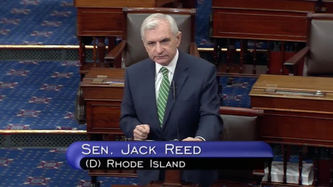 Image of Senator Jack Reed (D-RI) speaking on the Senate floor on August 5th, 2020. 