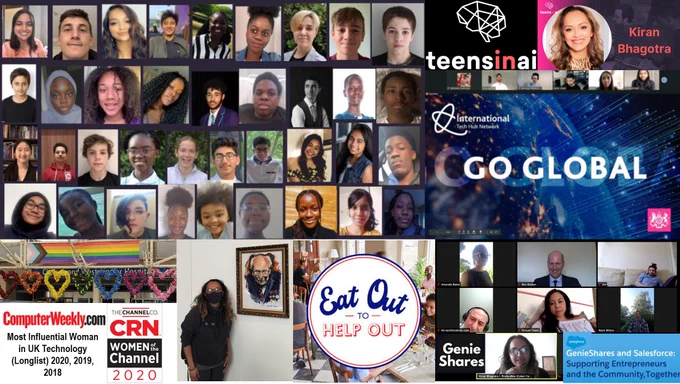 Screenshots of TeensInAI accelerator; DCMS Go Global program; GenieShares; Sir Tom Moore; ThankYouNHS & 2 Women in Technology Awards!