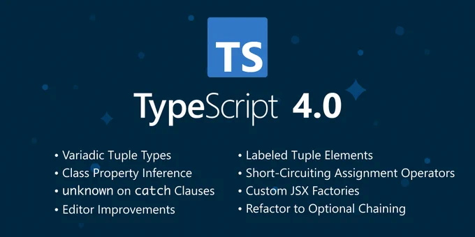TypeScript 4.0 brings variadic tuples, labeled tuple elements, class property inference, new assignment operators, safer exception handling with 'unknown' in catch clauses, custom JSX factories, some great editor improvements, and more!