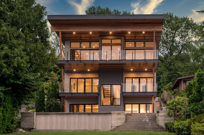 From Mike our Project Consultant at our Kirkland Showroom. This modern water-front home with Westeck 4000 series windows and Grandview Multislides full painted black/black.

