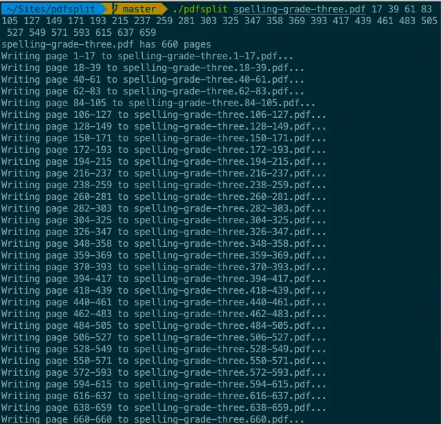 Screenshot of macOS terminal window showing pdfsplit being called