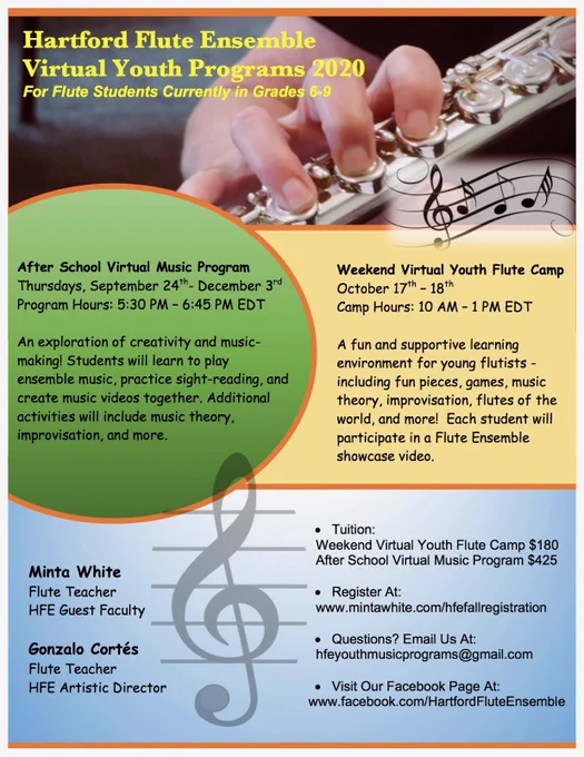 Registration is now open for the Hartford Flute Ensemble Virtual Youth Programs!    
Visit this link for registration and more information: http://www.mintawhite.com/hfefallregistration
