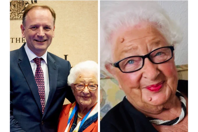 Two images — one of Ethel with Sir Simon Stevens, the Chief Executive of the NHS, and a close-up image of Ethel smiling into the camera.