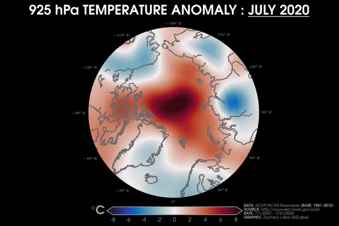 Polar stereographic map of Arctic 925 hPa temperature anomalies in July 2020