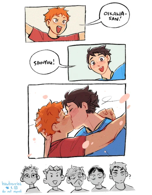 a 3-panel comic depicting hinata and oikawa happily running towards each other at the olympics, hinata yelling “oikawa-san!” and oikawa yelling “shouyou!”; in the third panel, they meet in a passionate mouth kiss. at the very bottom are the faces of hoshiumi, bokuto, atsumu, kageyama, and ushijima in a row, each looking completely bamboozled by this turn of events.