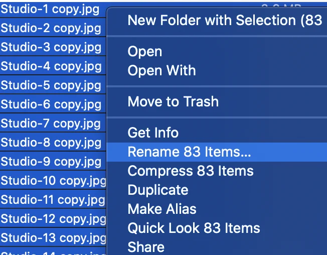 Select all files and right click (Control   Click) and select Rename XX Items...