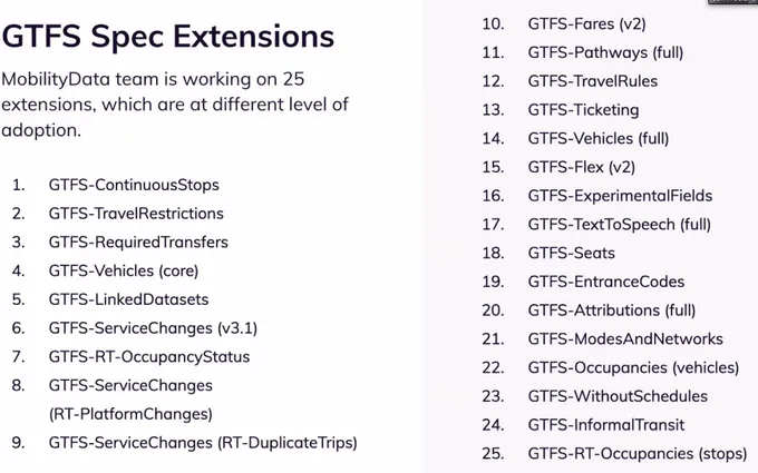 A list of the 25 GTFS spec extensions.