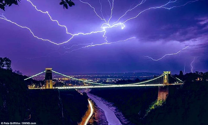 Lightning over Clifton Suspension Bridge in Bristol UK