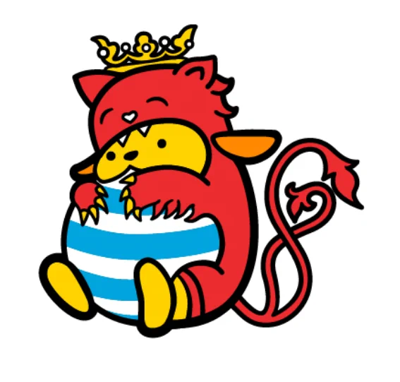 Luxembourgish WordPress wapuu, wearing a red lion costume and the crown, with the belly in the colors of the Luxembourg city flag (blue and white stripes)