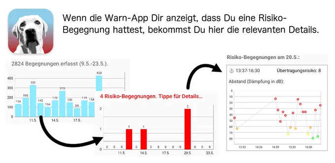 Infografik: "Wenn die Warn-App Dir anzeigt, dass Du eine Risiko-Begegnung hattest, bekommst Du hier die relevanten Details."