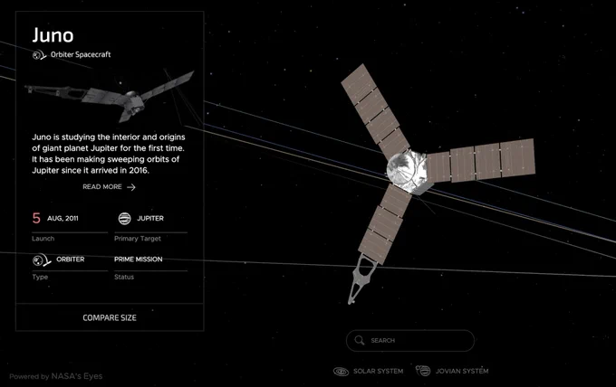 screenshot of online solar system simulator showing Juno spacecraft in its orbit, along with text info about the mission