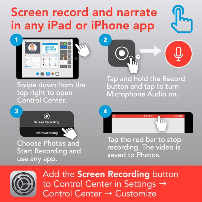 Screen record and narrate in any iPad or iPhone app. Add the Screen Recording button to Control Center in Settings, Control Center, Customize