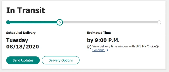 Screen-grab of delivery information reading, "In Transit. Scheduled Delivery: Tuesday, 8/18/2020."