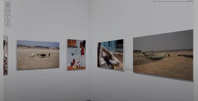 Credit and captions: A screen shot of the video of the virtual exhibition, 'Along the Betwa.' This image shows several photographs taken by the four individuals chosen to walk the river, hanging on a virtual exhibition wall. The images depict life along the river, including infrastructure and uses of the river as well as life along its banks. Credit:  Along the Betwa 