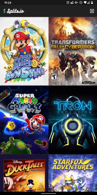Screenshot of the Splits.io app game list