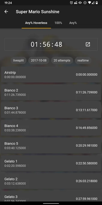 Screenshot of the Splits.io app run screen