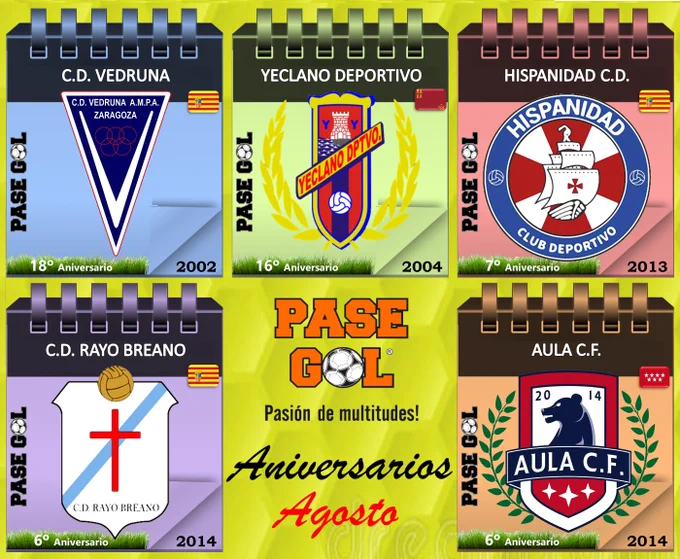 ⚽ Felicitaciones por un nuevo año de actividad a los clubes españoles 🇪🇸 fundados en el mes de Agosto. ⚽
Por muchos años más!. 🥅