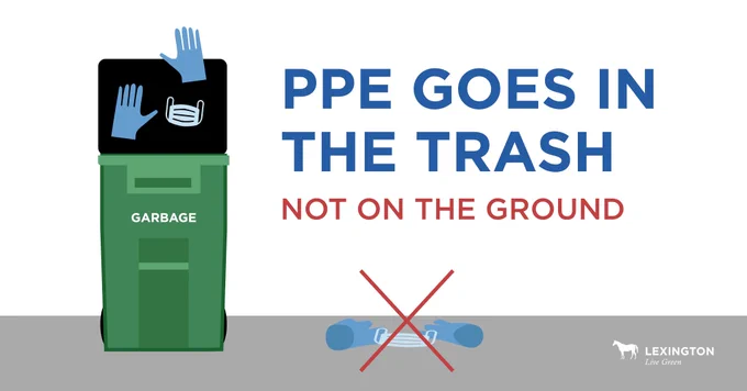 Gloves and masks going in trash can. "X" over gloves and mask on ground. Text reads, "PPE goes in the trash, not on the ground."