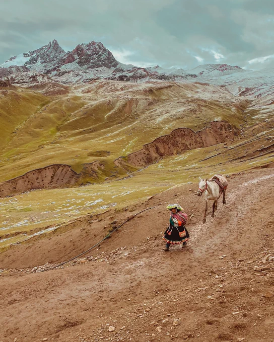 A mountain range is shown in the distance under a layer of dark clouds. The mountains are brown and green, with snow covering the peaks. In the foreground, a person in colorful and traditional clothing leads a horse down a dirt path.