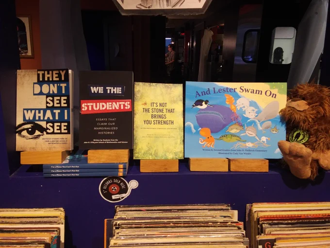 Student authored books on display at Tres Gatos bookstore.