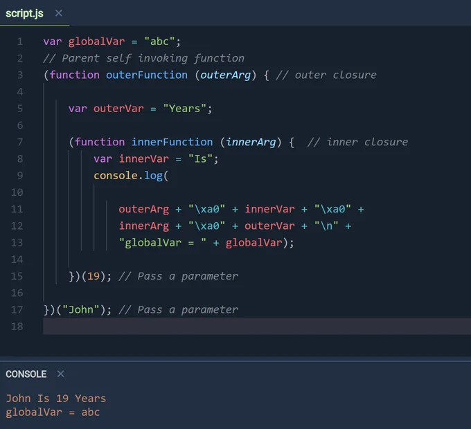 Got to love #javascriptClosures !
innerFunction closure ends up with access to all innerFunction variables and globalVar since outerFunction has been defined as closure too.

#100DaysOfCode #CodeNewbie #programming #codinglife  #webdev #javascript #CodingTips #hourofcode 