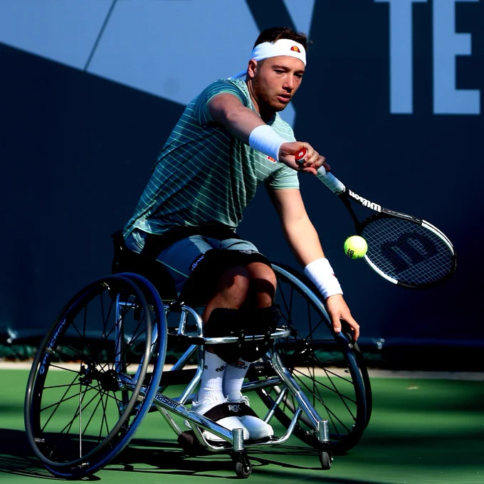 Alfie Hewett plays a backhand during the LTA Wheelchair Tennis Series 