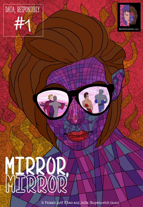 Digital painting of a woman, wearing dark sunglasses. In the left pane of the sunglass is the recreation of the cover of the movie Titanic, where Rose is replaced by an android. In the right pane is the painting of the iconic fight scene from Rocky, with the opponent replaced as an Android. The space surrounding the woman has line and abstract art in the shape of flames. 