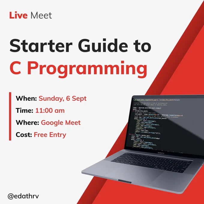 Planning to build a career in the IT industry and looking forward to up your coding skills??

Be a part of our session and get started with learning the basics of C Programming.

The session is free and is on Sunday, 6th of Sept at 11:00 am.

Register Now!
https://lnkd.in/gim3rg8

Happy Learning!
