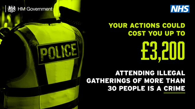 Neon green and black image of a police officer. Text: Your actions could cost you up to £3,200. Attending illegal gatherings of more than 30 people is a crime.