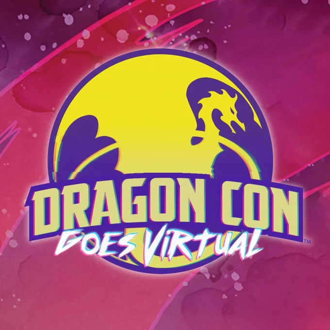 The Dragon Con Goes Virtual logo. A logo with a yellow dragon and the words "Dragon Con" in a purple circle, with "goes virtual" in a retro font over it