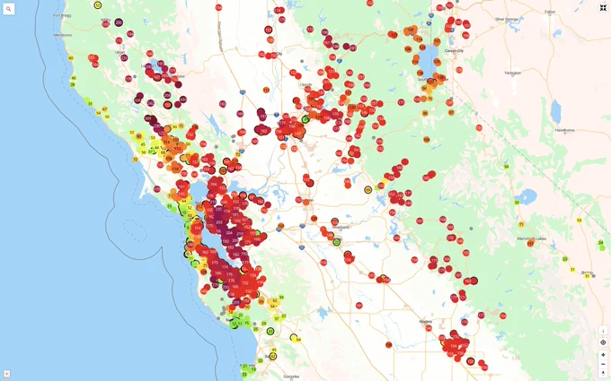 Unhealthy air quality across Northern California except along the Pacific Coast