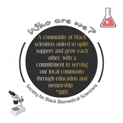 This is an infographic titled "Who are we?" The informational text reads: A community of scientists united to uplift, support and grow each other, with a commitment to serving our local community through education and mentorship. #SBBS Society for Black Biomedical Scientists. In the top right of this infographic is a flask containing red liquid with bubbles in it. On the bottom left is a cartoon of a dissecting microscope.