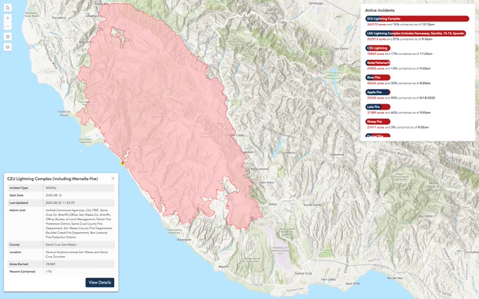78,869 acre fire 17% contained north of Santa Cruz, California