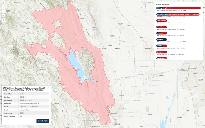 352,913 acre fire 27% contained north of Vacaville & Napa, California surrounding Lake Berryessa