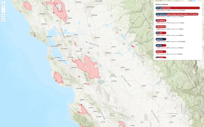 Map of several fires currently burning in Northern California