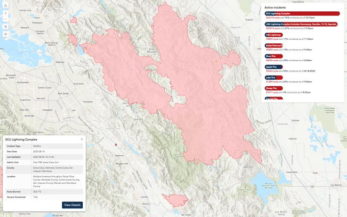 363,772 acre fire 15% contained east of San Jose, California