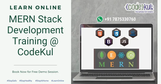 Learn #Mongodb, #Expressjs, #ReactJS and #NodeJs from 10  years industry developer. 
Come up with your queries and get the explanation from the expertise.
Register your name for free demo class: 
For more details call on:  917875330760
For Syllabus: https://www.codekul.com/mern-stack-developer-training-institute-in-pune.html