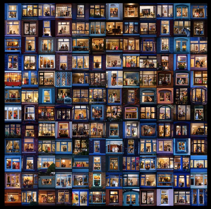a collage featuring 144 windows with people inside