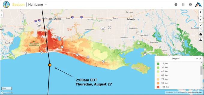 Hurricane Laura storm surge flooding forecast from Athenium Analytics