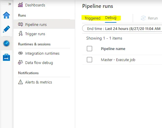 screenshot from data factory showing the new debug runs history elements in the monitor hub