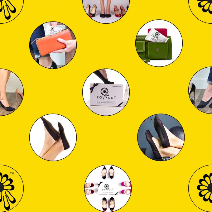 Multiple pictures of zay oui product with a yellow background. 